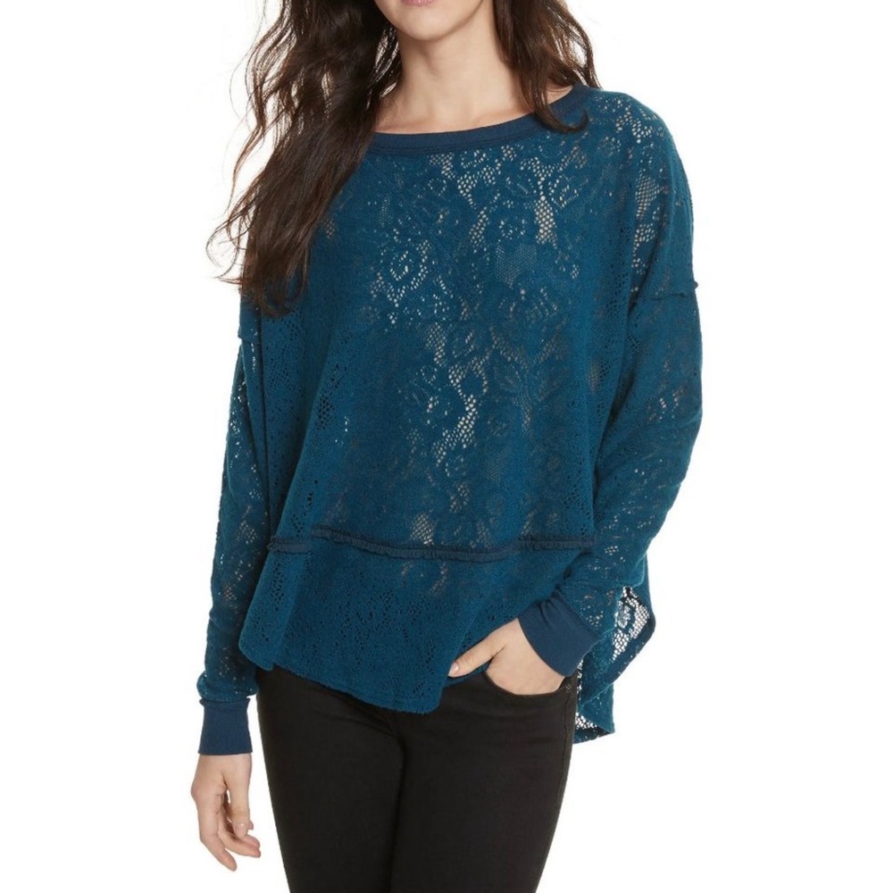 Free People Not Cold In This‎ Jewel tone Blue Floral Lace Oversized Boho Top